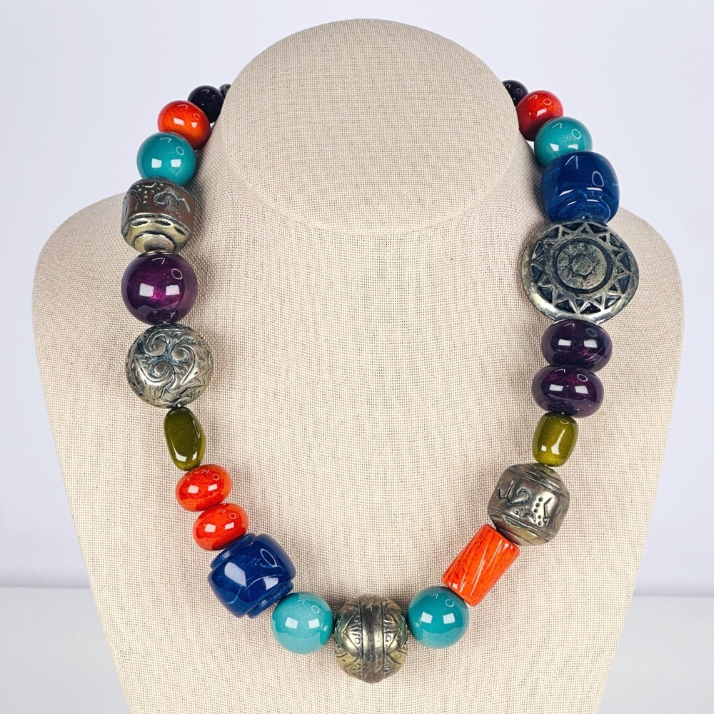 Bold Multicolor Anthropologie Necklace Chunky Mixed Bead Silver Accent Statement